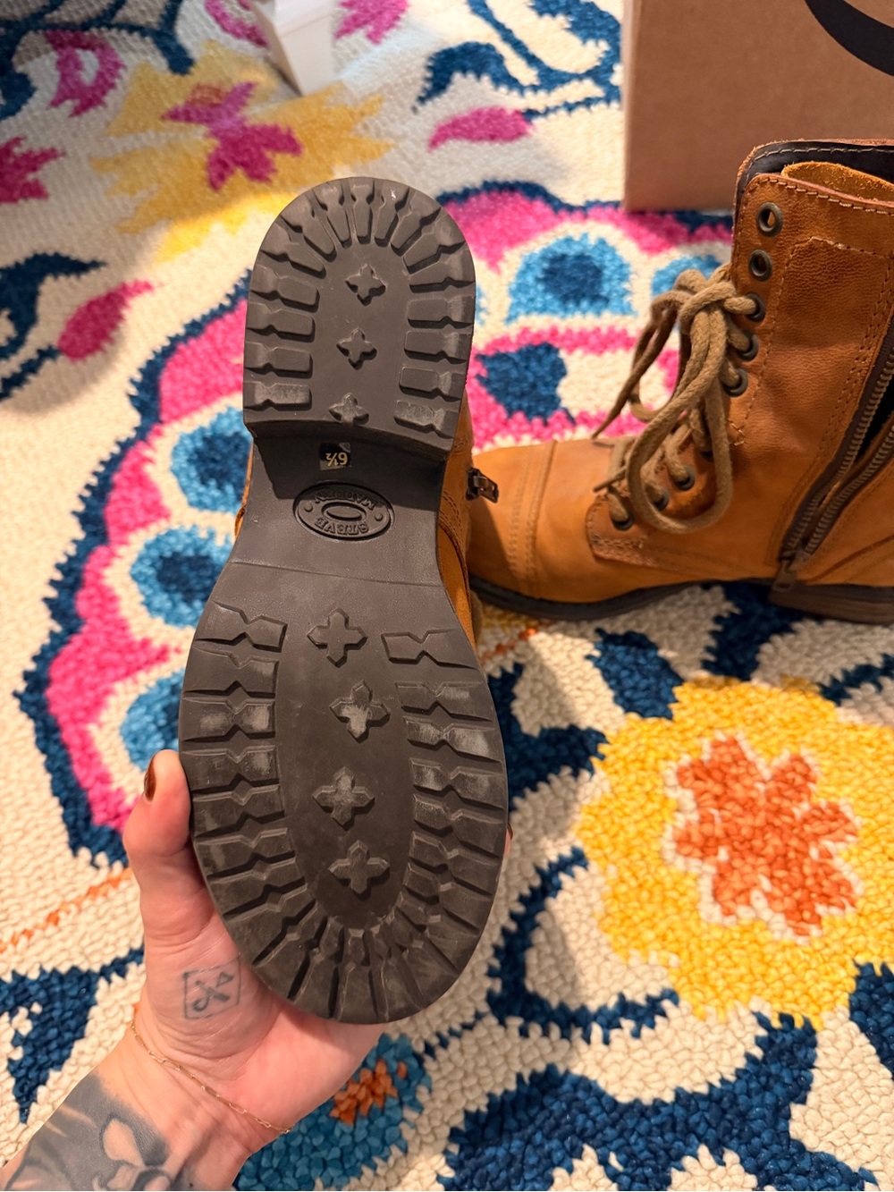 Steve Madden Cognac Lace-Up Leather Combat Boots - Picture 3 of 6